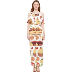 Seamless Pattern Hand Drawing Cartoon Dessert And Cake Draped Sleeveless Chiffon Jumpsuit by Wav3s