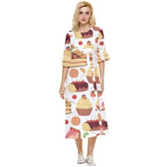 Seamless Pattern Hand Drawing Cartoon Dessert And Cake Double Cuff Midi Dress by Wav3s