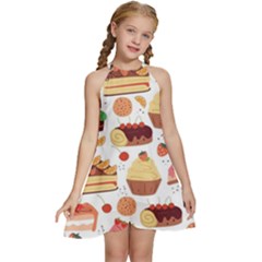 Seamless Pattern Hand Drawing Cartoon Dessert And Cake Kids  Halter Collar Waist Tie Chiffon Dress by Wav3s