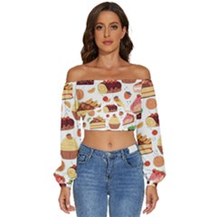 Seamless Pattern Hand Drawing Cartoon Dessert And Cake Long Sleeve Crinkled Weave Crop Top by Wav3s