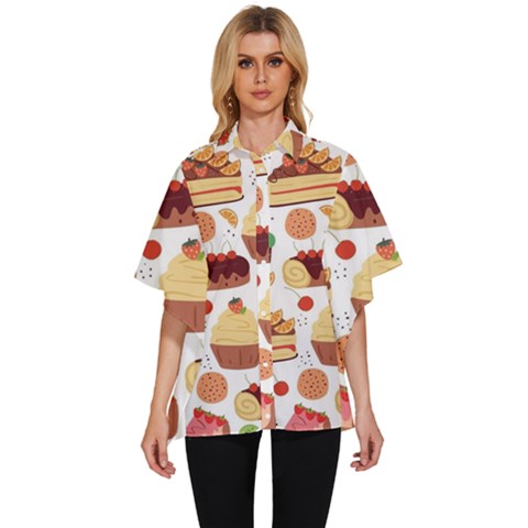 Seamless Pattern Hand Drawing Cartoon Dessert And Cake Women s Batwing Button Up Shirt by Wav3s