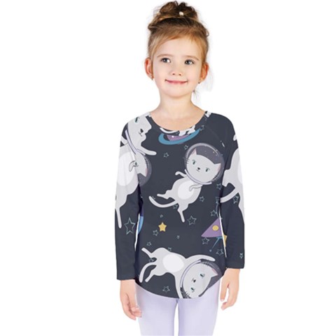 Space Cat Illustration Pattern Astronaut Kids  Long Sleeve Tee by Wav3s