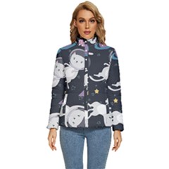 Space Cat Illustration Pattern Astronaut Women s Puffer Bubble Jacket Coat by Wav3s