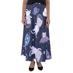 Space Cat Illustration Pattern Astronaut Flared Maxi Skirt by Wav3s