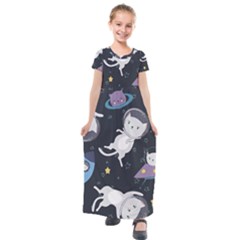 Space Cat Illustration Pattern Astronaut Kids  Short Sleeve Maxi Dress by Wav3s