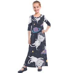 Space Cat Illustration Pattern Astronaut Kids  Quarter Sleeve Maxi Dress by Wav3s