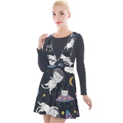 Space Cat Illustration Pattern Astronaut Plunge Pinafore Velour Dress by Wav3s