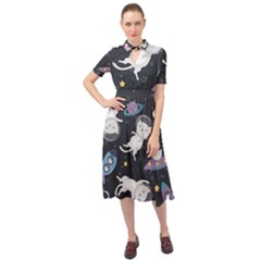 Space Cat Illustration Pattern Astronaut Keyhole Neckline Chiffon Dress by Wav3s