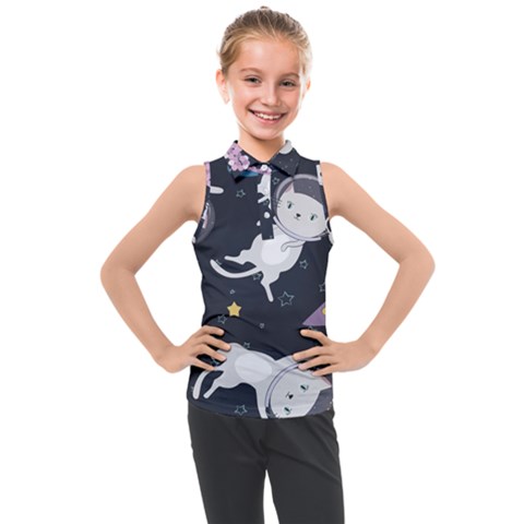 Space Cat Illustration Pattern Astronaut Kids  Sleeveless Polo Tee by Wav3s