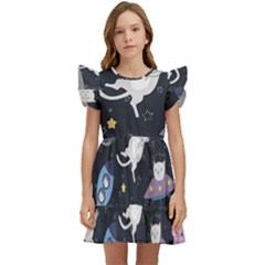 Space Cat Illustration Pattern Astronaut Kids  Winged Sleeve Dress by Wav3s