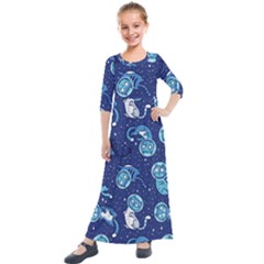 Cat Spacesuit Space Suit Astronaut Pattern Kids  Quarter Sleeve Maxi Dress by Wav3s