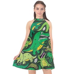 Dino Kawaii Halter Neckline Chiffon Dress  by Wav3s