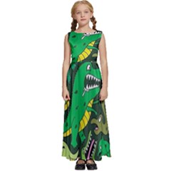 Dino Kawaii Kids  Satin Sleeveless Maxi Dress by Wav3s