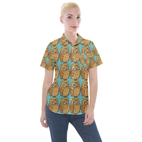 Owl Bird Pattern Women s Short Sleeve Pocket Shirt by Vaneshop