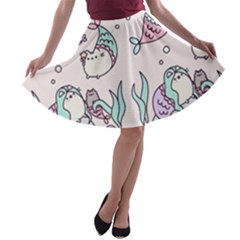 Cartoon Cat Cute Animal Design Drawing Illustration Kawaii A-line Skater Skirt by Grandong