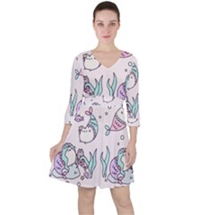 Cartoon Cat Cute Animal Design Drawing Illustration Kawaii Quarter Sleeve Ruffle Waist Dress by Grandong