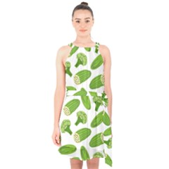 Vegetable Pattern With Composition Broccoli Halter Collar Waist Tie Chiffon Dress by Grandong