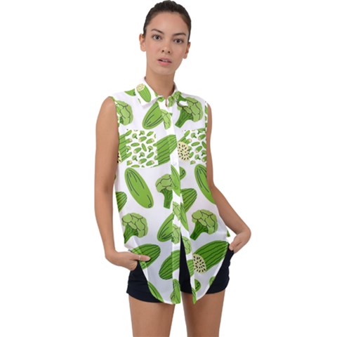 Vegetable Pattern With Composition Broccoli Sleeveless Chiffon Button Shirt by Grandong