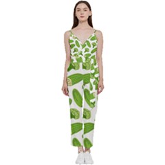 Vegetable Pattern With Composition Broccoli V-neck Spaghetti Strap Tie Front Jumpsuit by Grandong