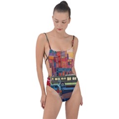 The City Style Bus Fantasy Architecture Art Tie Strap One Piece Swimsuit by Grandong