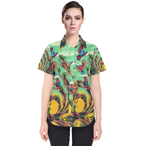 Monkey Tiger Bird Parrot Forest Jungle Style Women s Short Sleeve Shirt by Grandong