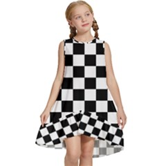 Black White Checker Pattern Checkerboard Kids  Frill Swing Dress by Cowasu