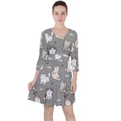 Cute Cat Pattern Cartoon Quarter Sleeve Ruffle Waist Dress by Cowasu