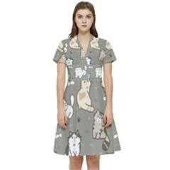 Cute Cat Pattern Cartoon Short Sleeve Waist Detail Dress by Cowasu