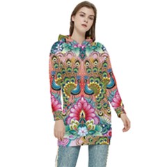 Pink Peacock Bird Pattern Texture Women s Long Oversized Pullover Hoodie by Cowasu