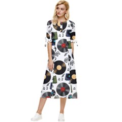 Records Vinyl Seamless Background Bow Sleeve Chiffon Midi Dress by Bangk1t