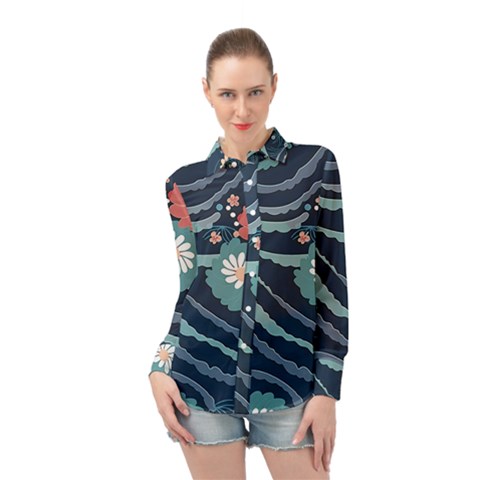 Waves Flowers Pattern Water Floral Minimalist Long Sleeve Chiffon Shirt by Ndabl3x