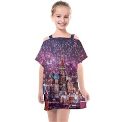 Moscow Kremlin Saint Basils Cathedral Architecture  Building Cityscape Night Fireworks Kids  One Piece Chiffon Dress by Cowasu