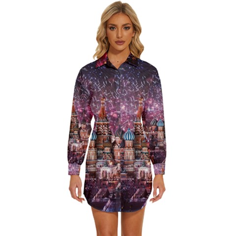 Moscow Kremlin Saint Basils Cathedral Architecture  Building Cityscape Night Fireworks Womens Long Sleeve Shirt Dress by Cowasu