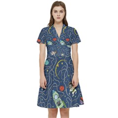 Cat Cosmos Cosmonaut Rocket Short Sleeve Waist Detail Dress by Cowasu