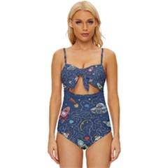 Cat Cosmos Cosmonaut Rocket Knot Front One-piece Swimsuit by Cowasu