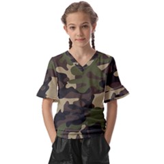 Texture Military Camouflage Repeats Seamless Army Green Hunting Kids  V-neck Horn Sleeve Blouse by Cowasu