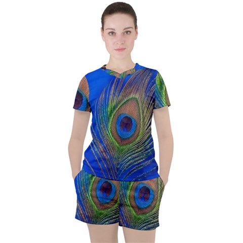 Blue Peacock Feather Women s Tee And Shorts Set by Amaryn4rt