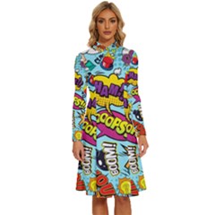 Comic Elements Colorful Seamless Pattern Long Sleeve Shirt Collar A-line Dress by Amaryn4rt