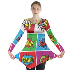 Pop Art Comic Vector Speech Cartoon Bubbles Popart Style With Humor Text Boom Bang Bubbling Expressi Long Sleeve Tunic  by Amaryn4rt