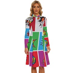 Pop Art Comic Vector Speech Cartoon Bubbles Popart Style With Humor Text Boom Bang Bubbling Expressi Long Sleeve Shirt Collar A-line Dress by Amaryn4rt