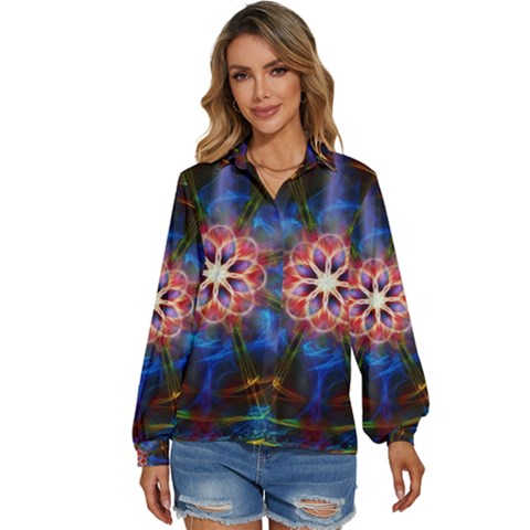 Mandala Pattern Kaleidoscope Women s Long Sleeve Button Up Shirt by Simbadda