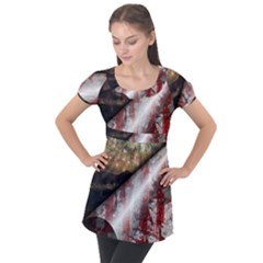 Independence Day Background Abstract Grunge American Flag Puff Sleeve Tunic Top by Ravend