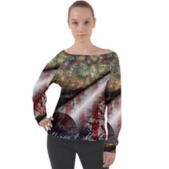 Independence Day Background Abstract Grunge American Flag Off Shoulder Long Sleeve Velour Top by Ravend