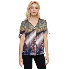 Independence Day Background Abstract Grunge American Flag Bow Sleeve Button Up Top by Ravend