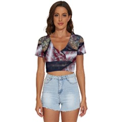 Independence Day Background Abstract Grunge American Flag V-neck Crop Top by Ravend