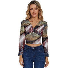 Independence Day Background Abstract Grunge American Flag Long Sleeve V-neck Top by Ravend