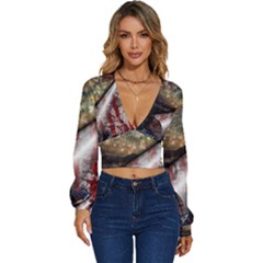 Independence Day Background Abstract Grunge American Flag Long Sleeve Deep-v Velour Top by Ravend