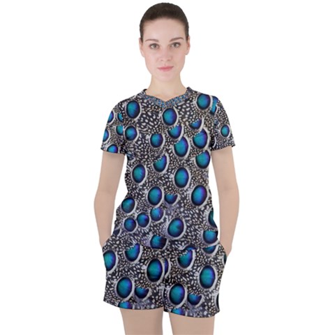 Peacock Pattern Close Up Plumage Women s Tee And Shorts Set by Celenk