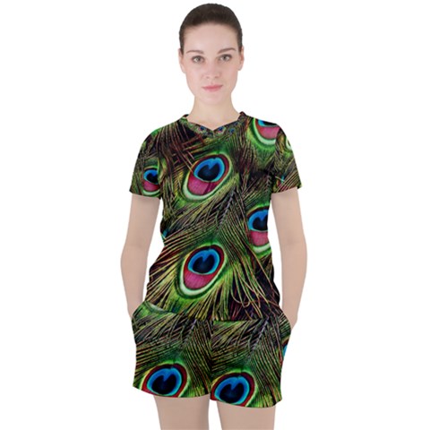 Peacock Feathers Color Plumage Women s Tee And Shorts Set by Celenk