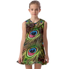 Peacock Feathers Color Plumage Kids  Pilgrim Collar Ruffle Hem Dress by Celenk